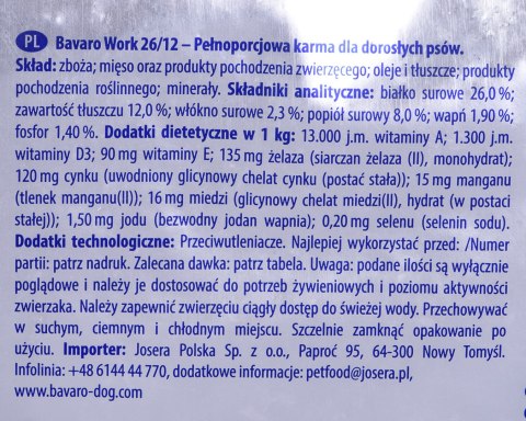 Josera Bavaro Work Adult 26/12 - karma dla psów aktywnych - 18kg Josera Bavaro Work Adult 26/12 - karma dla psów aktywnych - 18kg