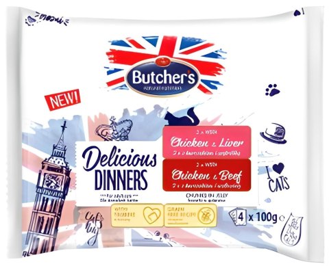 BUTCHER'S Delicious Dinners Kurczak z Wątróbką, Kurczak z Wołowiną - mokra karma dla kota - 4 x 100 g BUTCHER'S Delicious Dinners Kurczak z Wątróbką, Kurczak z Wołowiną - mokra karma dla kota - 4 x 100 g