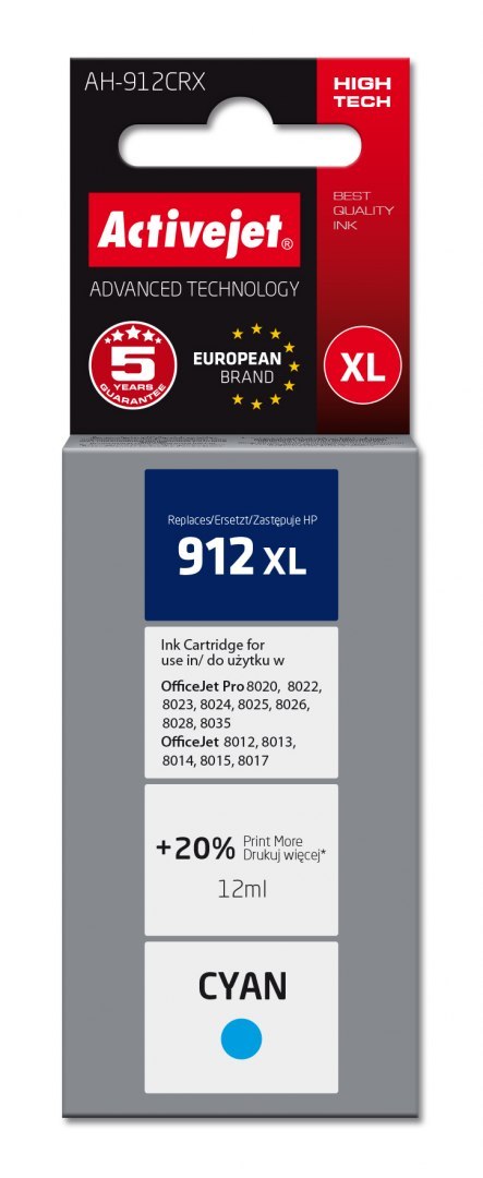 Tusz Activejet AH-912CRX (zamiennik HP 912XL 3YL81AE; Premium; 990 stron; niebieski) Tusz Activejet AH-912CRX (zamiennik HP 912XL 3YL81AE; Premium; 990 stron; niebieski)