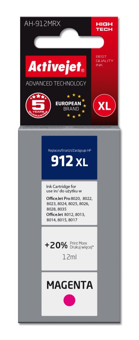 Tusz Activejet AH-912MRX (zamiennik HP 912XL 3YL82AE; Premium; 990 stron; czerwony) Tusz Activejet AH-912MRX (zamiennik HP 912XL 3YL82AE; Premium; 990 stron; czerwony)