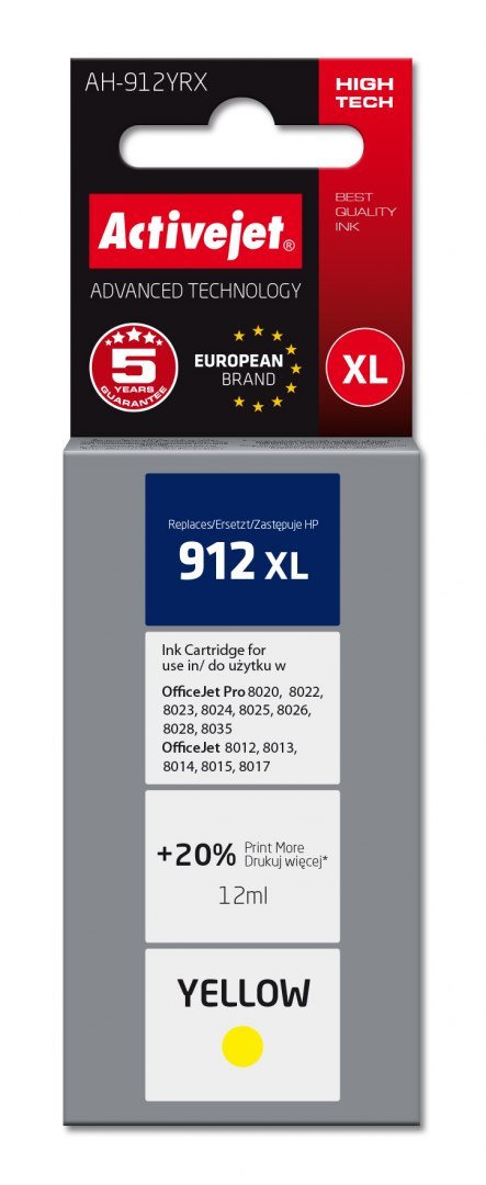 Tusz Activejet AH-912YRX (zamiennik HP 912XL 3YL83AE; Premium; 990 stron; żółty) Tusz Activejet AH-912YRX (zamiennik HP 912XL 3YL83AE; Premium; 990 stron; żółty)