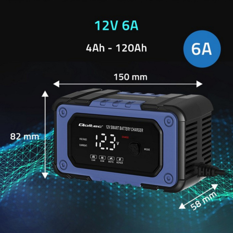 Prostownik Qoltec do akumulatora z funkcją naprawy | Inteligentna mikroprocesorowa ładowarka | 12V | 6A | LED | 4 tryby Prostownik Qoltec do akumulatora z funkcją naprawy | Inteligentna mikroprocesorowa ładowarka | 12V | 6A | LED | 4 tryby