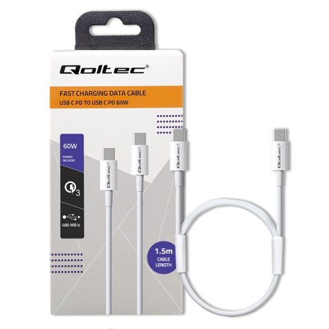 Qoltec Kabel USB 2.0 typ C | USB 2.0 typ C 60W | QC 3.0 | PD | 1.5m | Biały Qoltec Kabel USB 2.0 typ C | USB 2.0 typ C 60W | QC 3.0 | PD | 1.5m | Biały
