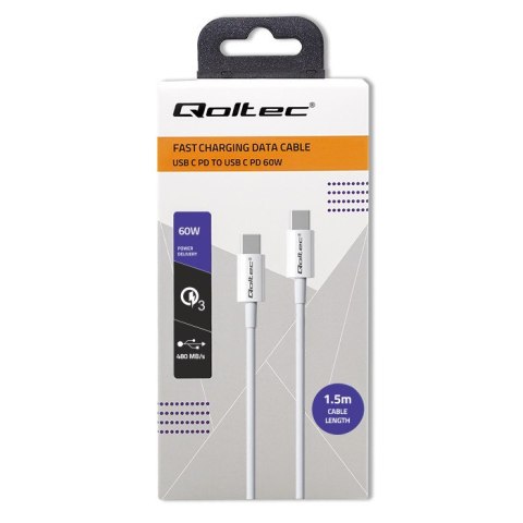 Qoltec Kabel USB 2.0 typ C | USB 2.0 typ C 60W | QC 3.0 | PD | 1.5m | Biały Qoltec Kabel USB 2.0 typ C | USB 2.0 typ C 60W | QC 3.0 | PD | 1.5m | Biały