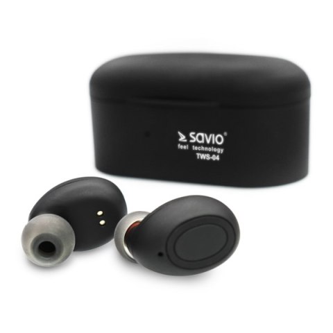 Słuchawki SAVIO TWS-04 (bluetooth; bezprzewodowe, Bluetooth; z wbudowanym mikrofonem; kolor czarny Słuchawki SAVIO TWS-04 (bluetooth; bezprzewodowe, Bluetooth; z wbudowanym mikrofonem; kolor czarny