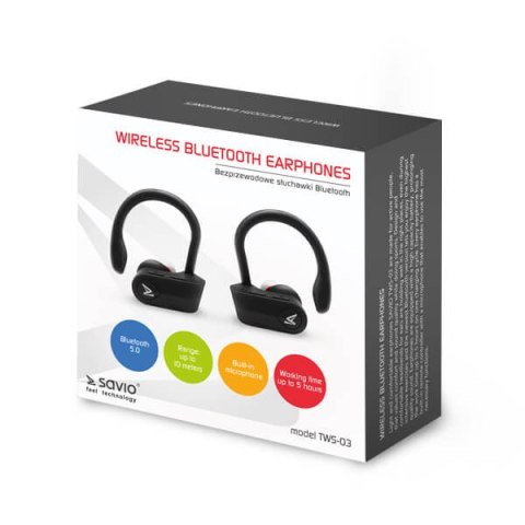 Słuchawki bezprzewodowe SAVIO TWS-03 (bluetooth; bezprzewodowe, Bluetooth; z wbudowanym mikrofonem; kolor czarny Słuchawki bezprzewodowe SAVIO TWS-03 (bluetooth; bezprzewodowe, Bluetooth; z wbudowanym mikrofonem; kolor czarny