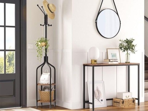 Wieszak stojący z półkami 8 haczyków 180 cm metal czarny ModernHome Wieszak stojący z półkami 8 haczyków 180 cm metal czarny ModernHome