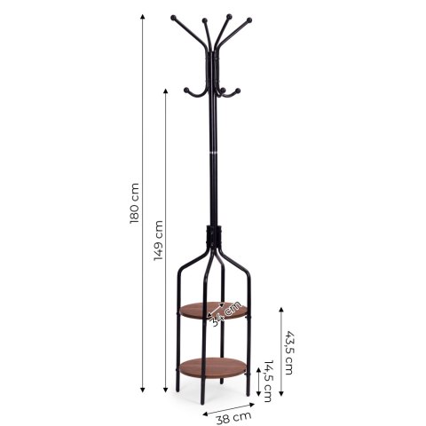 Wieszak stojący z półkami 8 haczyków 180 cm metal czarny ModernHome Wieszak stojący z półkami 8 haczyków 180 cm metal czarny ModernHome
