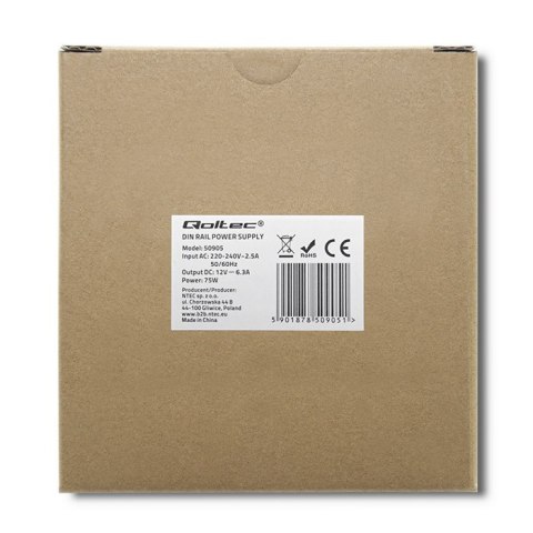 Qoltec Przemysłowy zasilacz na szynę DIN | 75W | 12V | 6.3A Qoltec Przemysłowy zasilacz na szynę DIN | 75W | 12V | 6.3A