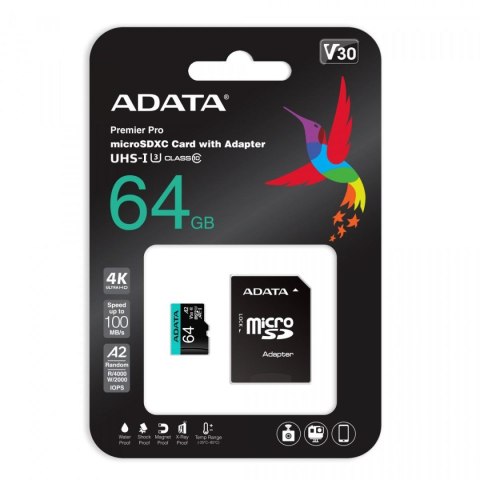 Adata Karta pamięci microSD Premier Pro 64 GB UHS1 U3 V30 A2 + adapter Adata Karta pamięci microSD Premier Pro 64 GB UHS1 U3 V30 A2 + adapter