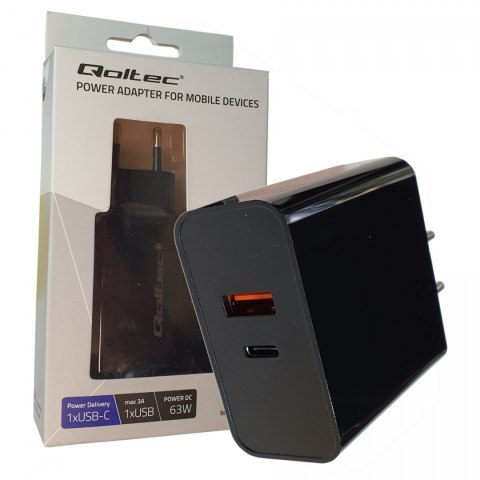 Qoltec Ładowarka sieciowa 63W | 5-20V | 1.5-3A | USB typ C PD | USB QC 3.0 | Czarna Qoltec Ładowarka sieciowa 63W | 5-20V | 1.5-3A | USB typ C PD | USB QC 3.0 | Czarna