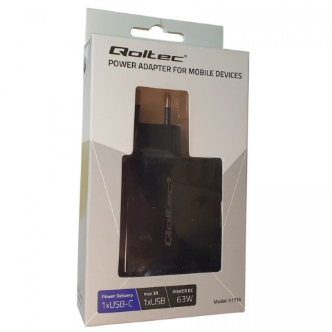 Qoltec Ładowarka sieciowa 63W | 5-20V | 1.5-3A | USB typ C PD | USB QC 3.0 | Czarna Qoltec Ładowarka sieciowa 63W | 5-20V | 1.5-3A | USB typ C PD | USB QC 3.0 | Czarna
