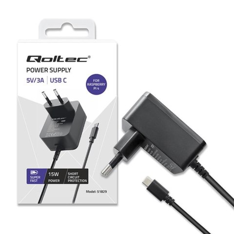 Ładowarka Qoltec Super FAST PD do Raspberry PI 4 | USB-C | 15W | 5V | 3A | Czarna Ładowarka Qoltec Super FAST PD do Raspberry PI 4 | USB-C | 15W | 5V | 3A | Czarna