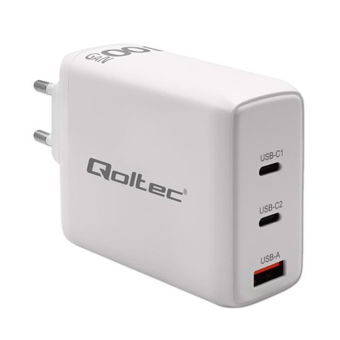 Ładowarka sieciowa Qoltec 100W GaN | 5-20V | 1.5-5A | 2xUSB-C PD | 1xUSB QC 3.0 | Biała Ładowarka sieciowa Qoltec 100W GaN | 5-20V | 1.5-5A | 2xUSB-C PD | 1xUSB QC 3.0 | Biała