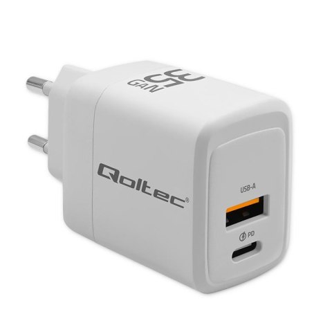 Ładowarka sieciowa Qoltec 35W GaN | 5-20V | 1.5-3A | 1xUSB-C PD | 1xUSB QC 3.0 | Biała Ładowarka sieciowa Qoltec 35W GaN | 5-20V | 1.5-3A | 1xUSB-C PD | 1xUSB QC 3.0 | Biała