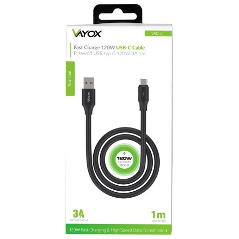 Kabel USB-USB-C dwie końcówki 120W 3A 1m czarny Kabel USB-USB-C dwie końcówki 120W 3A 1m czarny