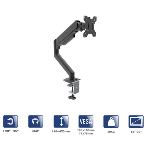 Uchwyt biurkowy do monitora Akyga AK-MB-05 regulowane ramię gazowe 10kg VESA 75x75mm / 100x100mm 15-32" Uchwyt biurkowy do monitora Akyga AK-MB-05 regulowane ramię gazowe 10kg VESA 75x75mm / 100x100mm 15-32"