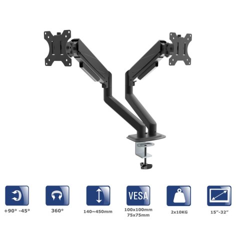 Uchwyt biurkowy na dwa monitory Akyga AK-MB-06 regulowane ramiona gazowe VESA 75x75mm / 100x100mm 15-32" Uchwyt biurkowy na dwa monitory Akyga AK-MB-06 regulowane ramiona gazowe VESA 75x75mm / 100x100mm 15-32"