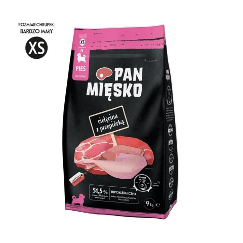 Pan Mięsko Cielęcina z przepiórką (szczeniak) chrupki XS Karma sucha dla psa 9kg Pan Mięsko Cielęcina z przepiórką (szczeniak) chrupki XS Karma sucha dla psa 9kg
