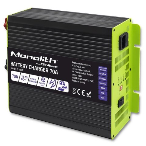 Ładowarka inteligentna Qoltec Monolith do akumulatorów LiFePO4 AGM GEL SLA | 70A | 12V Ładowarka inteligentna Qoltec Monolith do akumulatorów LiFePO4 AGM GEL SLA | 70A | 12V