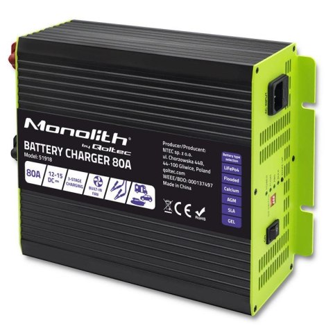Ładowarka inteligentna Qoltec Monolith do akumulatorów LiFePO4 AGM GEL SLA | 80A | 12V Ładowarka inteligentna Qoltec Monolith do akumulatorów LiFePO4 AGM GEL SLA | 80A | 12V