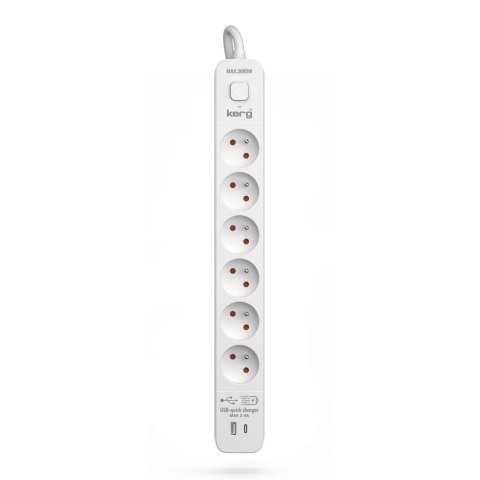 Urządzenie zasilające zabezpieczające KERG z wyłącznikiem 6 gniazd USB-C USB-A białe 3m 16A H05VV-F 3x1,5mm2 Urządzenie zasilające zabezpieczające KERG z wyłącznikiem 6 gniazd USB-C USB-A białe 3m 16A H05VV-F 3x1,5mm2