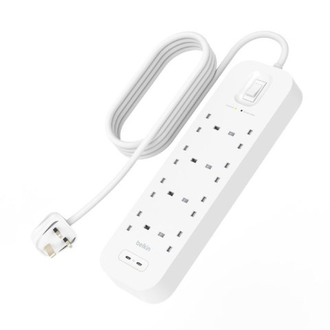 Listwa zasilająca Belkin Power Surge 8-PORT + 2xUSB-C 30W 900J 2m White Listwa zasilająca Belkin Power Surge 8-PORT + 2xUSB-C 30W 900J 2m White