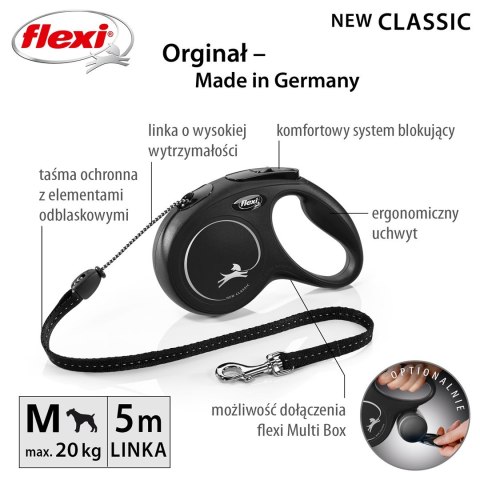 Smycz flexi automatyczna New Classic M linka 5 m - dla psa do 20 kg, kolor czarny Smycz flexi automatyczna New Classic M linka 5 m - dla psa do 20 kg, kolor czarny