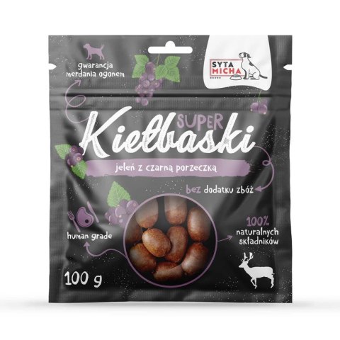 SYTA MICHA - Kiełbaski jeleń z czarną porzeczką - przysmak dla psa - 100g SYTA MICHA - Kiełbaski jeleń z czarną porzeczką - przysmak dla psa - 100g