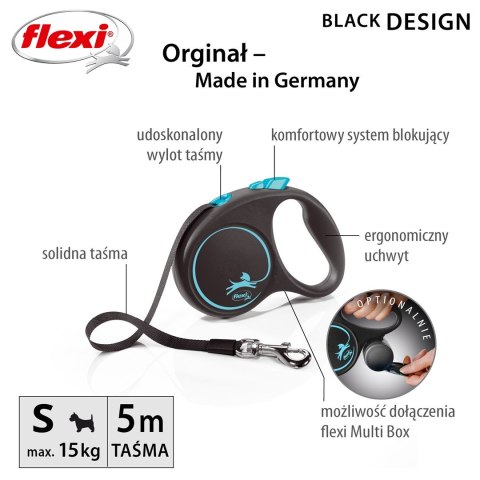 Smycz flexi automatyczna Black Design S taśma 5 m - dla psa do 15 kg, kolor niebieski Smycz flexi automatyczna Black Design S taśma 5 m - dla psa do 15 kg, kolor niebieski