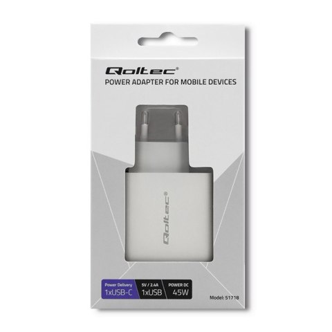 QOLTEC ŁADOWARKA SIECIOWA 42W | 5-20V | 2.4-3A | USB TYP C PD | USB | BIAŁA QOLTEC ŁADOWARKA SIECIOWA 42W | 5-20V | 2.4-3A | USB TYP C PD | USB | BIAŁA
