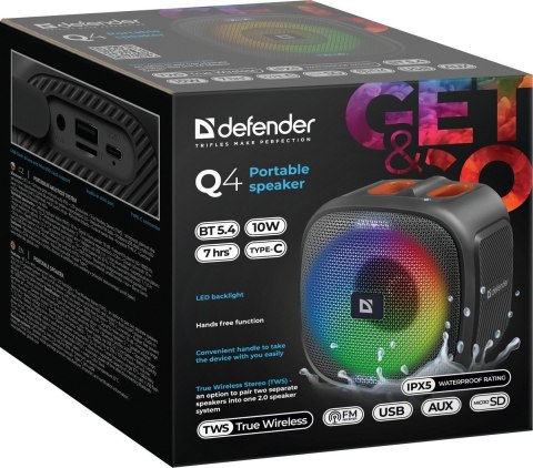 GŁOŚNIK DEFENDER Q4 BLUETOOTH 5.4 10W LED/BT/FM/USB/TWS GŁOŚNIK DEFENDER Q4 BLUETOOTH 5.4 10W LED/BT/FM/USB/TWS