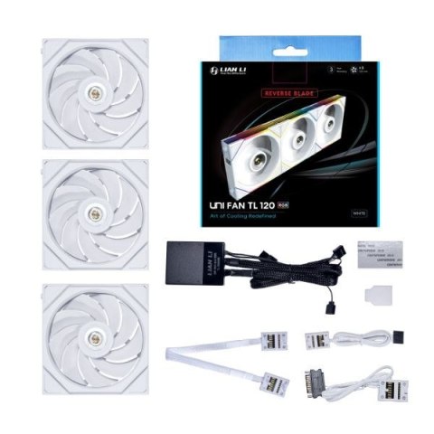 Lian Li UNI FAN TL Series Wentylator z odwróconymi łopatkami, 3-pak ze sterownikiem - 120mm, biały Lian Li UNI FAN TL Series Wentylator z odwróconymi łopatkami, 3-pak ze sterownikiem - 120mm, biały