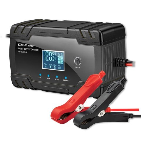 Ładowarka inteligentna Qoltec mikroprocesorowa 12V 8A | 24V 4A | Prostownik z funkcją naprawy do akumulatora AGM GEL | LCD Ładowarka inteligentna Qoltec mikroprocesorowa 12V 8A | 24V 4A | Prostownik z funkcją naprawy do akumulatora AGM GEL | LCD