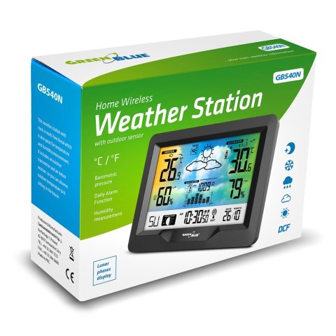 GREENBLUE GB540N STACJA POGODY BEZPRZEWODOWA KOLOROWA, Z SYSTEMEM DCF, FAZY KSIĘŻYCA, BAROMETR, KALENDARZ GREENBLUE GB540N STACJA POGODY BEZPRZEWODOWA KOLOROWA, Z SYSTEMEM DCF, FAZY KSIĘŻYCA, BAROMETR, KALENDARZ