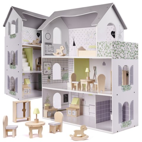 Domek dla lalek drewniany + mebelki 70cm szary Domek dla lalek drewniany + mebelki 70cm szary