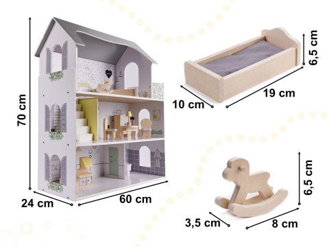 Domek dla lalek drewniany + mebelki 70cm szary Domek dla lalek drewniany + mebelki 70cm szary
