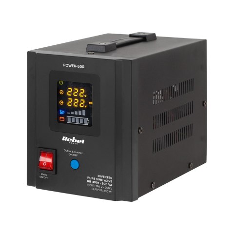 Zasilacz Awaryjny Rebel POWER-500 - przetwornica z czystym przebiegiem sinusoidalnym i funkcją ładowania 12V 230V 500VA/300W Zasilacz Awaryjny Rebel POWER-500 - przetwornica z czystym przebiegiem sinusoidalnym i funkcją ładowania 12V 230V 500VA/300W