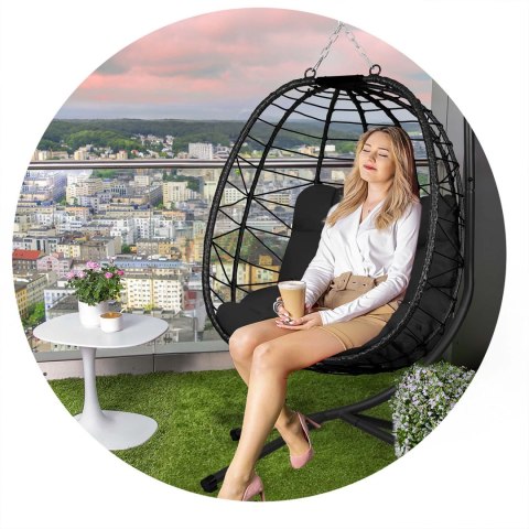 FOTEL OGRODOWY WISZĄCY TIHUANA CZARNY + CZARNE PODUSZKI SOFOTEL