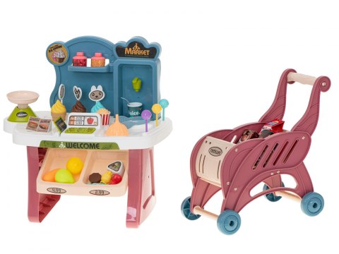 Supermarket sklep kasa fiskalna + wózek róż 40el. Supermarket sklep kasa fiskalna + wózek róż 40el.