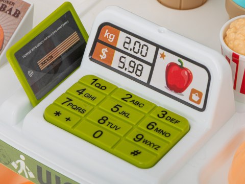 Supermarket sklep kasa fiskalna + wózek róż 40el. Supermarket sklep kasa fiskalna + wózek róż 40el.