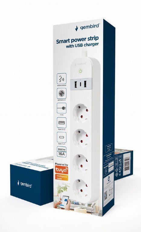Gembird TSL-PS-S4U-01-W inteligentna listwa zasilająca 4 x gniazdo sieciowe Typu E 1,5 m 3 3880 W Biały Gembird TSL-PS-S4U-01-W inteligentna listwa zasilająca 4 x gniazdo sieciowe Typu E 1,5 m 3 3880 W Biały