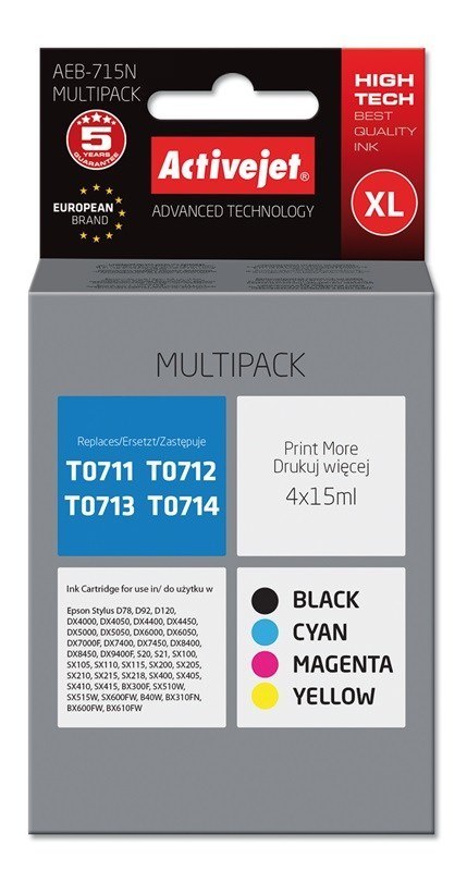 Tusz Activejet AEB-715N (zamiennik Epson T0715; Supreme; 4 x 15 ml; czarny, czerwony, niebieski, żółty) Tusz Activejet AEB-715N (zamiennik Epson T0715; Supreme; 4 x 15 ml; czarny, czerwony, niebieski, żółty)