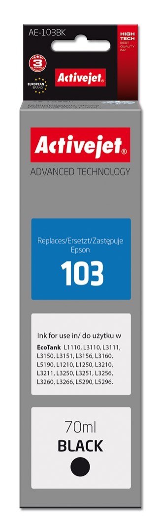 Tusz Activejet AE-103Bk (zamiennik Epson 103 C13T00S14A; Supreme; 70 ml; czarny) Tusz Activejet AE-103Bk (zamiennik Epson 103 C13T00S14A; Supreme; 70 ml; czarny)