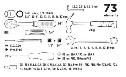 Zestaw narzędziowy Top Tools 1/4", 3/8", 73 sztuki Zestaw narzędziowy Top Tools 1/4", 3/8", 73 sztuki