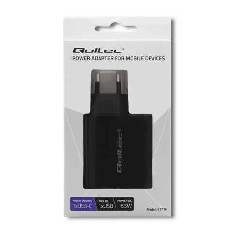 QOLTEC ŁADOWARKA SIECIOWA 63W | 5-20V | 1.5-3A | USB TYP C PD | USB QC 3.0 | CZARNA QOLTEC ŁADOWARKA SIECIOWA 63W | 5-20V | 1.5-3A | USB TYP C PD | USB QC 3.0 | CZARNA
