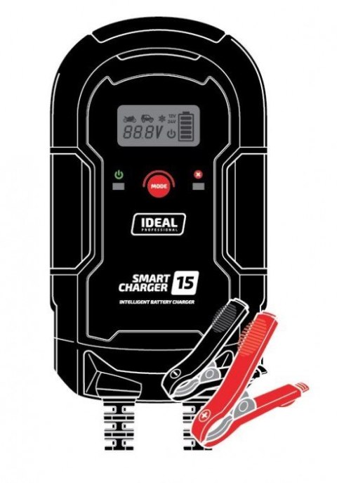 Prostownik SMART CHARGE 15 LCD, napięcie ładowania: 12/24 V IDEAL, prąd ładowania: 8/15A, napięcie zasilania: 230V, rodzaj akumu Prostownik SMART CHARGE 15 LCD, napięcie ładowania: 12/24 V IDEAL, prąd ładowania: 8/15A, napięcie zasilania: 230V, rodzaj akumu
