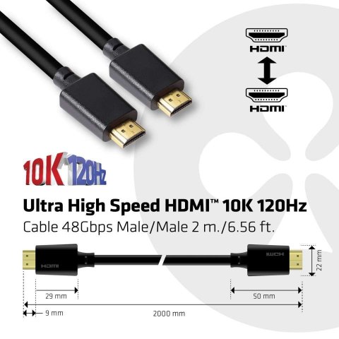 CLUB3D Ultra High Speed HDMI 4K120Hz, 8K60Hz Certified Cable 48Gbps M/M 2 m / 6.56 ft CLUB3D Ultra High Speed HDMI 4K120Hz, 8K60Hz Certified Cable 48Gbps M/M 2 m / 6.56 ft