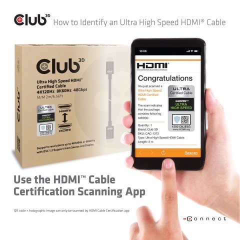 CLUB3D Ultra High Speed HDMI 4K120Hz, 8K60Hz Certified Cable 48Gbps M/M 2 m / 6.56 ft CLUB3D Ultra High Speed HDMI 4K120Hz, 8K60Hz Certified Cable 48Gbps M/M 2 m / 6.56 ft