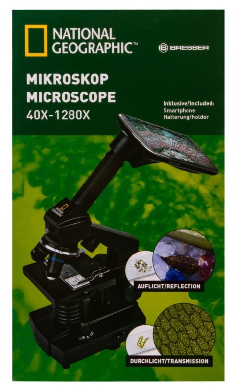 Mikroskop Bresser National Geographic o powiększeniu 40-1280 razy z uchwytem do smartfonu